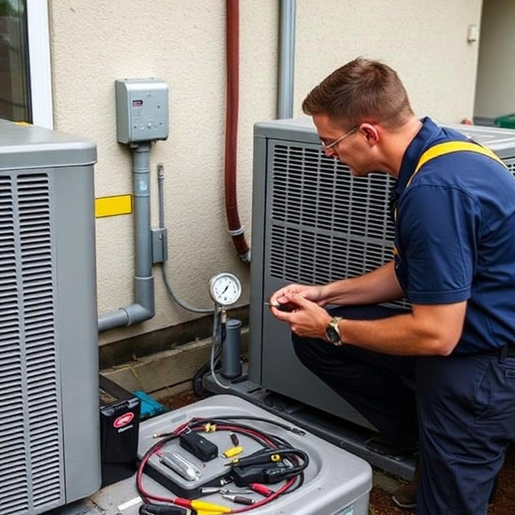 RB Freeze technician performing AC repair on outdoor condenser units in Miami-Dade