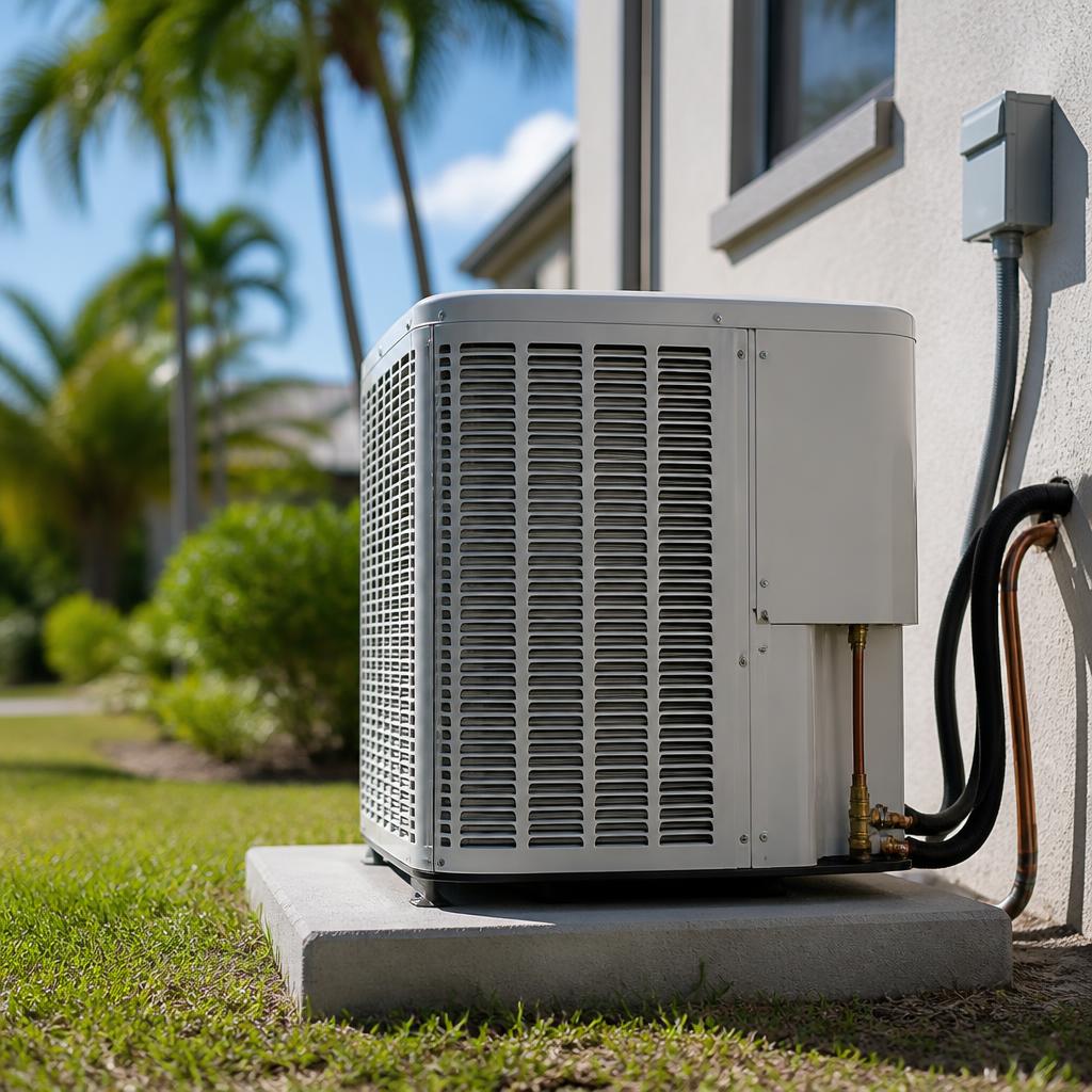 Freshly installed high-efficiency AC condenser unit beside a South Florida home