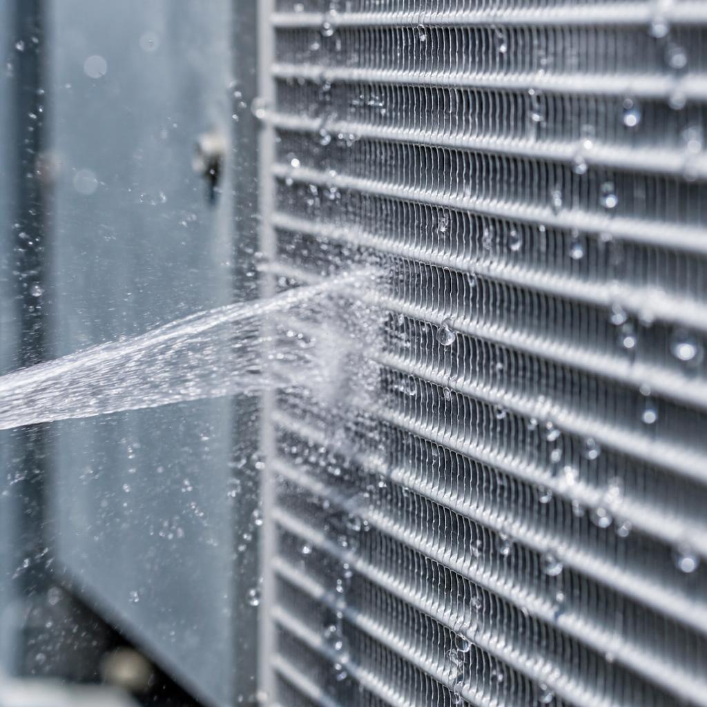 Close-up of an AC coil being deep-cleaned with a water spray